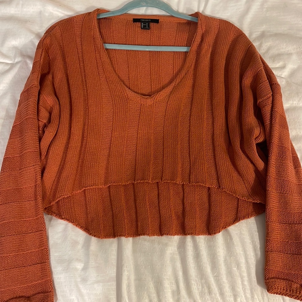 Orange Ribbed Cropped Sweater